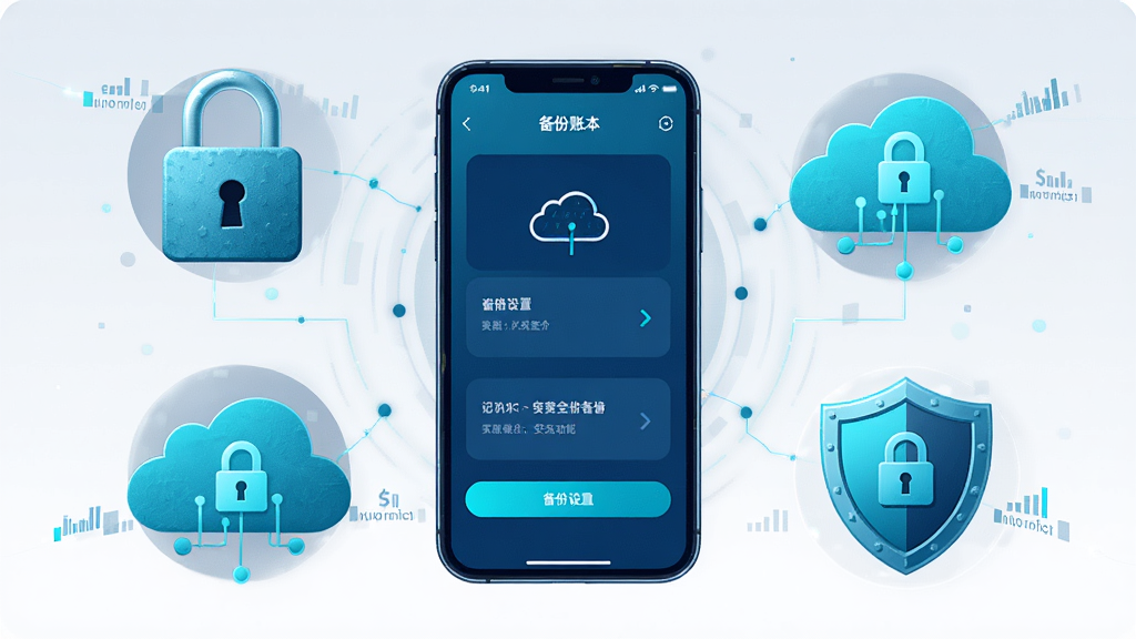记账本免费数据备份与安全功能展示图,主体为手机屏幕显示备份设置页面,屏幕周围有锁、云朵、盾牌等安全图标环绕。布局采用中心对称,手机居中,图标均匀分布在四周。风格为科技感扁平插画,色彩以深蓝和青色为主。细节上突出锁和云朵图标的质感,画质高清,画面干净无杂乱。