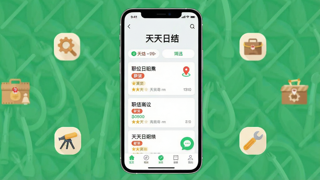 主体为一部竖屏智能手机,屏幕中显示“天天日结”应用主界面,界面包含岗位列表卡片、筛选按钮和底部导航栏;布局采用居中展示,手机两侧点缀少量兼职工具图标;排版简洁明快,标题文字“天天日结”置于画面上方;风格为现代扁平化UI展示风;细节包括职位卡片、薪资标签、定位图标、聊天按钮等元素;画质清晰,干净,无多余元素