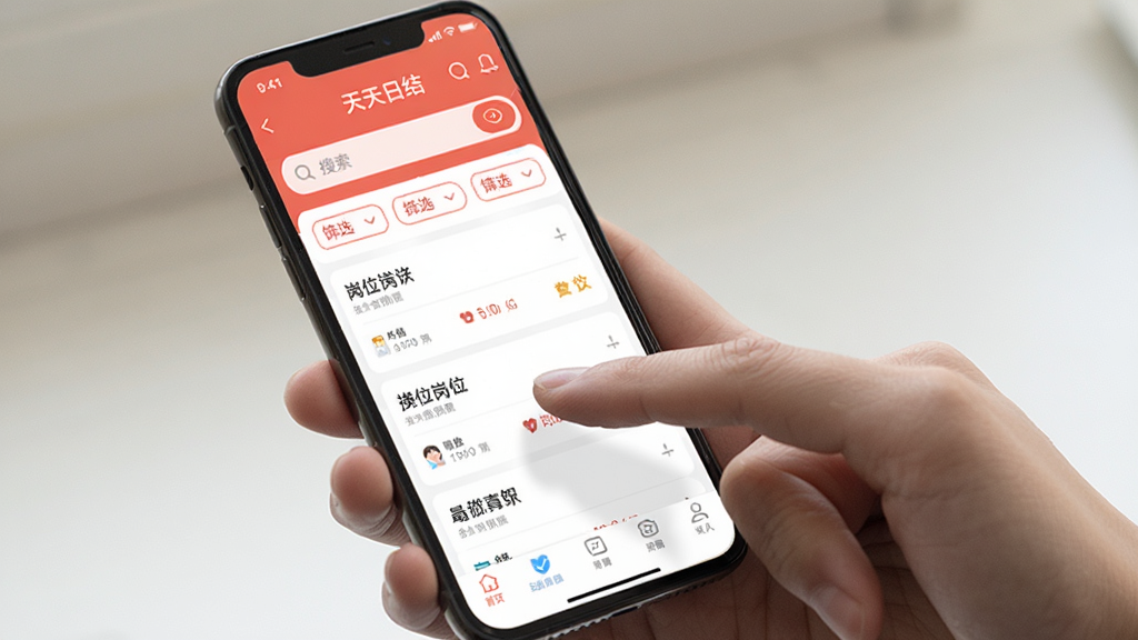 主体为一只手拿着手机展示“天天日结”应用首页,屏幕中可见搜索框、筛选栏和岗位卡片;布局为手部特写与手机屏幕结合;排版简洁,重点展示操作区域;风格为生活化产品展示风;细节包括手指点击动作、岗位列表、底部导航;画质清晰,干净,无多余元素