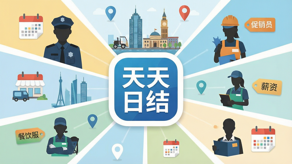 主体为一张信息聚合概念图,画面中央是“天天日结”应用图标,周围环绕保安、促销员、分拣员、餐饮服务员等职业剪影;布局采用中心辐射式构图;排版将“天天日结”字样放在视觉焦点位置;风格为商务扁平插画风;细节包括城市地标、定位图标、薪资标签、日历元素;画质清晰,干净,无多余元素