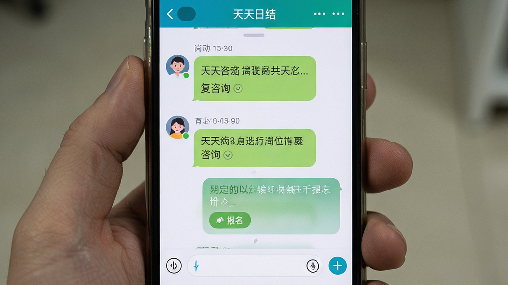 主体为手机聊天界面特写,屏幕中显示“天天日结”应用内的沟通窗口,对话气泡包含岗位咨询与回复内容;布局为竖屏手机居中;排版突出聊天列表和输入框;风格为真实App界面展示风;细节包括头像、时间戳、已读状态、报名按钮;画质清晰,干净,无多余元素