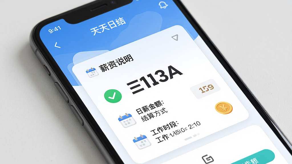 主体为手机屏幕中的岗位详情页,页面显示“天天日结”应用内的薪资说明卡片,包含日薪金额、结算方式、工作时段;布局为竖屏手机展示;排版将薪资数字放大突出;风格为清爽信息图表风;细节包括对勾图标、日历图标、钱币图标;画质清晰,干净,无多余元素