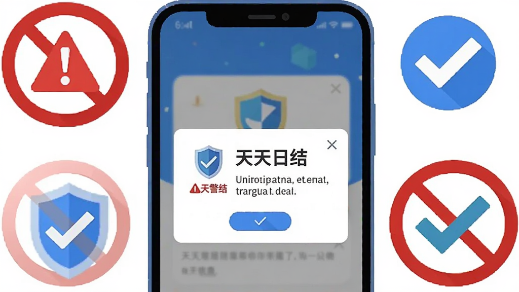 主体为一部手机屏幕显示“天天日结”应用的安全提示弹窗,画面中包含盾牌图标和警告文字;布局为竖屏手机居中,周围点缀禁止符号与对勾符号;排版将安全提示文字放在显眼位置;风格为扁平化安全提示插画风;细节包括红色警告三角、蓝色对勾、手机边框;画质清晰,干净,无多余元素