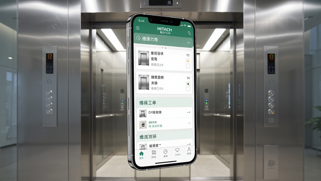 画面中央展示一部智能手机,屏幕上显示日立电梯商赢版应用程序的主界面,界面中包含电梯设备列表、维保工单卡片和底部导航栏。手机背景为现代化商业大楼的电梯厅,金属质感的电梯门半开,透出明亮灯光。布局采用居中构图,手机略微倾斜展现立体感。风格为写实商务科技风,细节上手机屏幕有轻微反光,界面文字清晰可辨。画质高清,干净整洁,无多余元素。