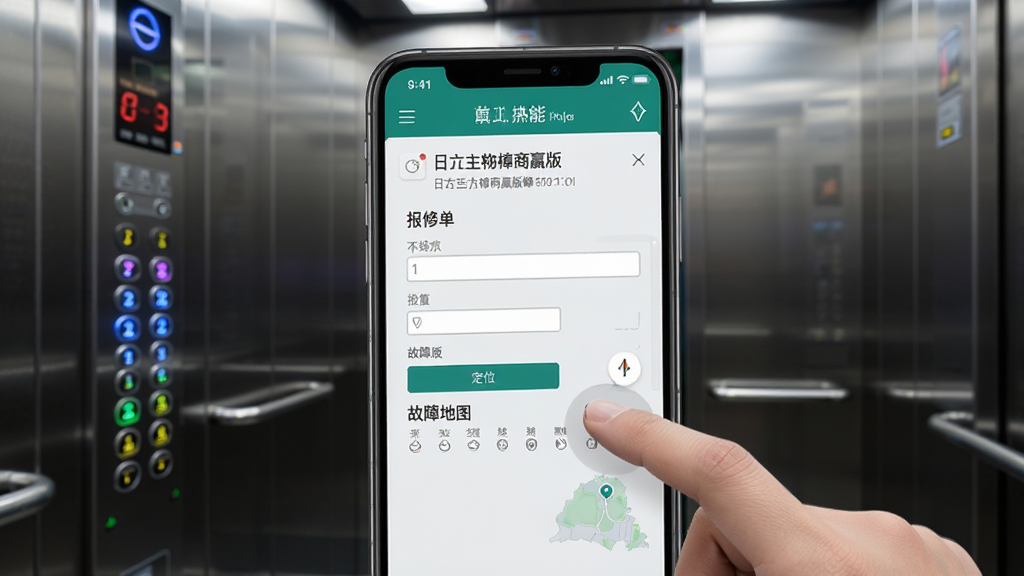 日立电梯商赢版故障报修功能界面,手机屏幕显示报修单填写页面和故障地图定位。背景为电梯轿厢内部,楼层按钮亮起。构图以手机屏幕为焦点,风格写实科技感,细节上屏幕有轻微手势操作感。画质清晰,干净整洁,无多余元素。