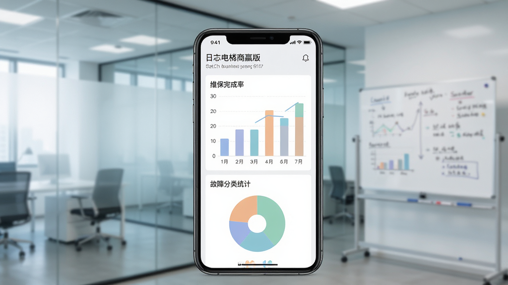 日立电梯商赢版数据报表界面,手机屏幕显示柱状图和饼状图,展示维保完成率与故障分类统计。背景为现代化办公室,有透明玻璃和白板。构图以手机为中心,背景虚化。风格为商务数据可视化风,细节上图表颜色柔和。画质清晰,干净简洁,无多余元素。