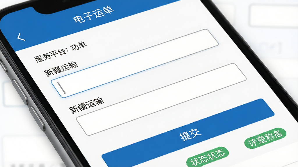 新疆运输服务平台电子运单功能界面,主体为手机屏幕特写,屏幕显示电子运单填写页面,布局包含表单字段、提交按钮与状态标签,排版整齐,风格为商务简约风,细节包含蓝色按钮、白色背景、清晰的输入框与文字标识
