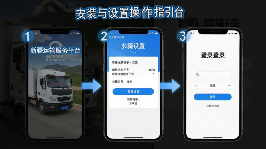 新疆运输服务平台安装与设置操作指引图,主体为手机屏幕截图风格,画面展示应用安装权限设置与登录界面,布局包含步骤编号与操作箭头指示,排版清晰,风格为教程图解风,细节包含蓝色高亮标注、文字说明