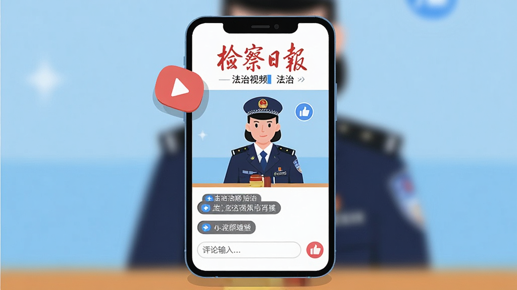 一幅场景插画,主体为手机屏幕播放“检察日报”法治视频,视频画面中有检察官形象,屏幕下方有评论输入框和点赞图标,布局为竖向手机界面,风格为活泼明快的扁平化设计,细节包括悬浮的播放按钮和弹幕文字,画质清晰,干净,无多余元素