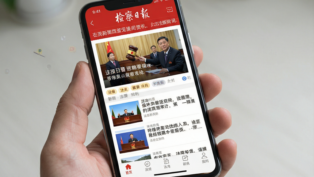 一张展示手机屏幕的图片,屏幕中显示“检察日报”应用主界面,顶部有红色新闻标题栏,中部为图文混排的法治新闻列表,底部为导航菜单,整体布局清晰,风格为简洁新闻资讯类App界面,细节包括醒目的头条图片和分类标签,画质清晰,干净,无多余元素