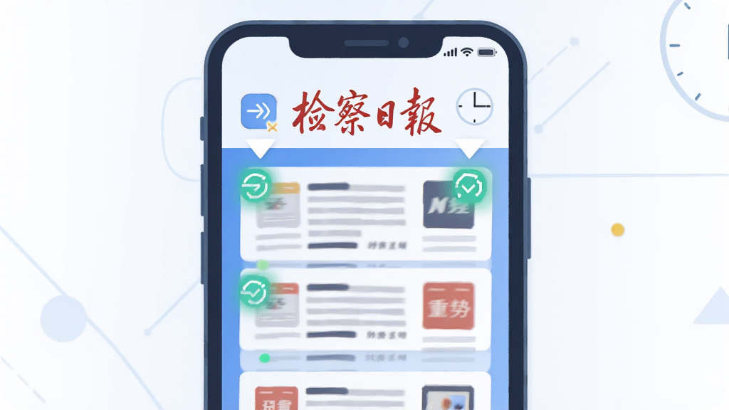 一幅扁平化插画,主体是一部智能手机,屏幕内显示“检察日报”字样和不断刷新滚动的新闻卡片,布局为居中构图,风格为现代科技感,细节包括发光的更新提示图标和时钟元素,画质清晰,干净,无多余元素