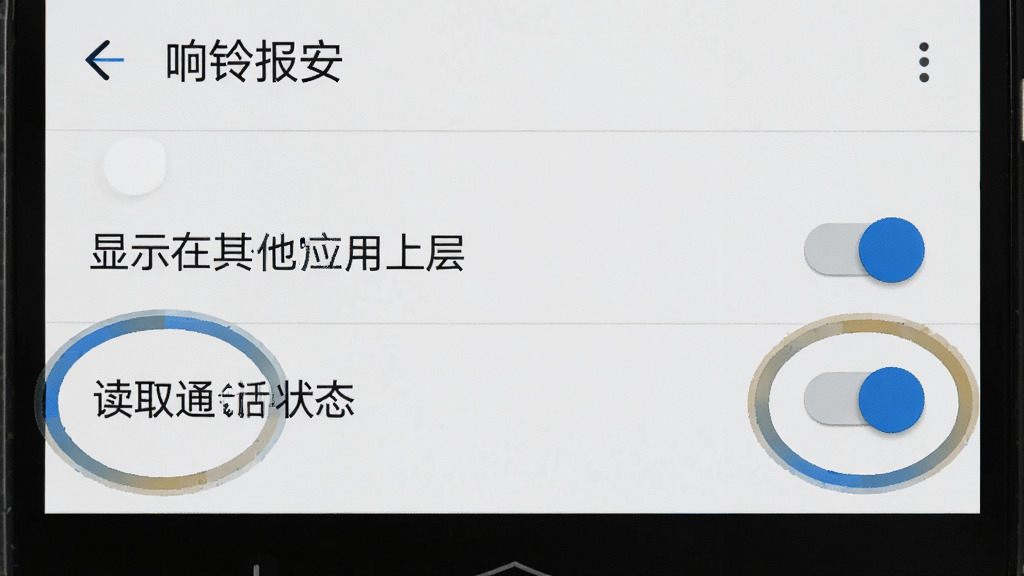一部安卓手机屏幕显示“响铃报安”的应用权限设置页面,页面中有多个开关按钮,其中“显示在其他应用上层”和“读取通话状态”开关被高亮圈出,画面风格为手机系统设置界面截图风格,细节清晰展示按钮状态,画质高清,画面干净直观,画面中可见文字“响铃报安”