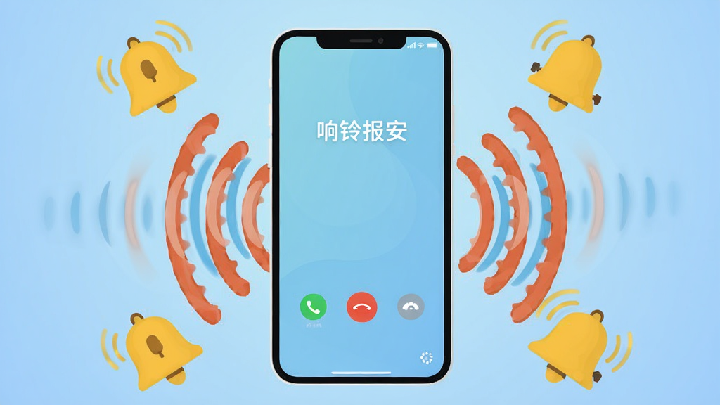 画面中央是一部智能手机,手机屏幕亮起显示来电界面,屏幕周围环绕着醒目的声波图标和铃铛符号,背景是柔和的渐变蓝色,画面风格简洁明快,采用扁平化设计,细节上突出手机和铃铛元素,画质清晰,整体干净无多余装饰,画面中可见文字“响铃报安”