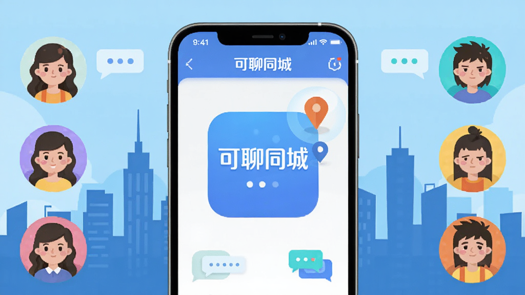 手机屏幕中央展示“可聊同城”应用界面,左右两侧分布卡通人物头像,背景是城市天际线剪影,主体突出同城交友主题,布局采用中心对称排版,风格为扁平化插画,细节包含聊天气泡和定位图标,画质清晰,干净,无多余元素