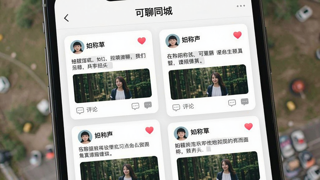 手机界面展示瀑布流动态卡片,每张卡片包含用户头像、昵称、文字描述和配图,顶部有“可聊同城”文字标识,布局采用双列瀑布流排版,风格为清新简约,细节包含点赞爱心图标和评论气泡,画质清晰,干净,无多余元素