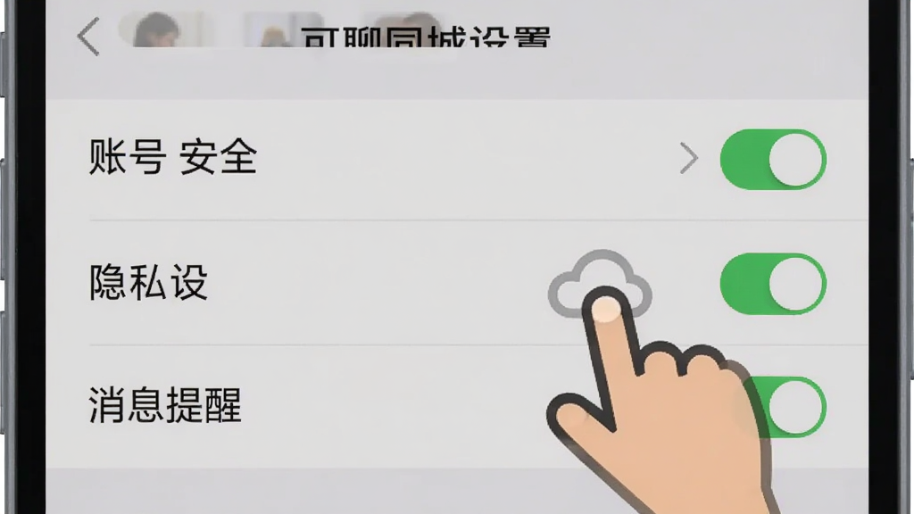 手机屏幕显示可聊同城设置菜单,包含账号安全、隐私设置、消息提醒等选项,旁边有手指点击的图标,背景为浅灰色,布局采用列表式排版,风格为扁平化设置界面,细节包含开关按钮和箭头指示,画质清晰,干净,无多余元素
