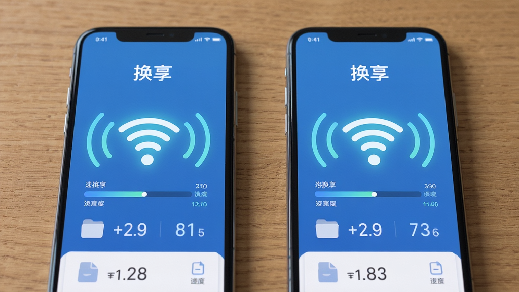 两部手机并排放在木桌上,屏幕都亮着“换享”界面,中间有一个发光的无线信号图标,信号波纹向外扩散,画面主体清晰,布局左右对称,排版简洁,风格为现代扁平科技风,细节有传输进度条、文件图标、速度数值,画质高清,干净,无多余元素