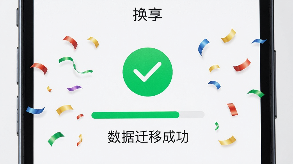 一部手机屏幕显示“换享”传输完成界面,绿色对勾图标,下方有“数据迁移成功”文字,周围有庆祝彩带效果,画面主体为手机屏幕特写,布局居中,排版简洁,风格为清新UI展示,细节有绿色对勾、进度条满格、文字清晰,画质高清,干净,无多余元素