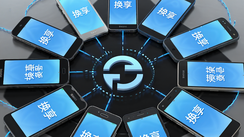 多部不同品牌的安卓手机围成一圈,每部手机屏幕都显示“换享”应用,中心有一个旋转的传输箭头图标,画面主体为手机群组,布局环绕式,排版均衡,风格为轻量3D渲染,细节有品牌logo轮廓、连接光线、数据粒子,画质高清,干净,无多余元素
