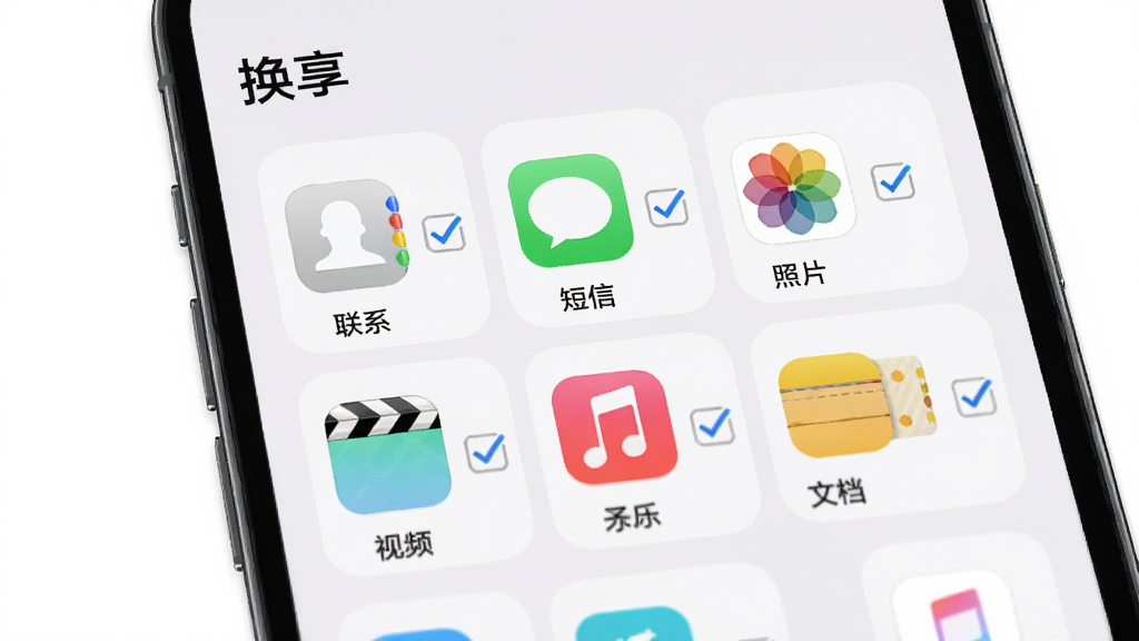 一部手机屏幕显示“换享”数据选择列表,联系人、短信、照片、视频、音乐、文档等图标整齐排列,每个图标旁有勾选框,画面主体为手机界面特写,布局居中,排版清晰,风格为清爽UI展示图,细节有彩色分类图标、浅灰背景、圆角卡片,画质高清,干净,无多余元素
