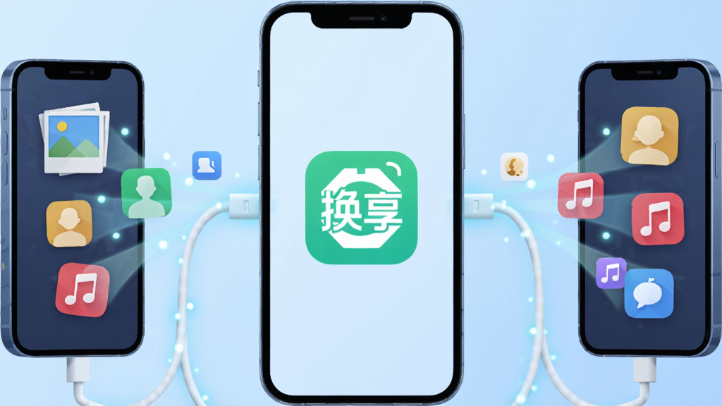 一部智能手机屏幕中央显示“换享”应用图标,左右两侧各有一部手机用发光的数据线连接,手机屏幕间有照片、联系人、音乐等图标在流动传输,背景为干净的浅蓝色渐变,整体布局居中对称,风格为扁平化科技插画,细节包括圆角图标、柔和阴影、光点粒子,画质高清,干净,无多余元素