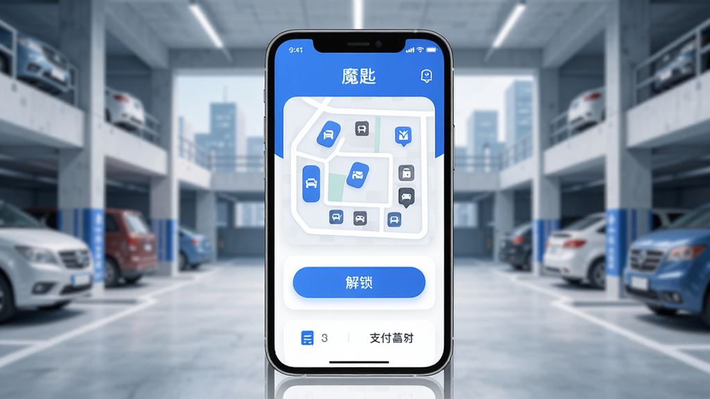 画面中央展示一部智能手机,屏幕上显示“魔匙”应用的主界面,界面中有停车位地图、解锁按钮和支付入口,背景是城市停车场场景,布局简洁清晰,风格为现代科技感扁平化设计,细节包括蓝色主色调、白色卡片式布局、图标圆润,画质高清,干净,无多余元素