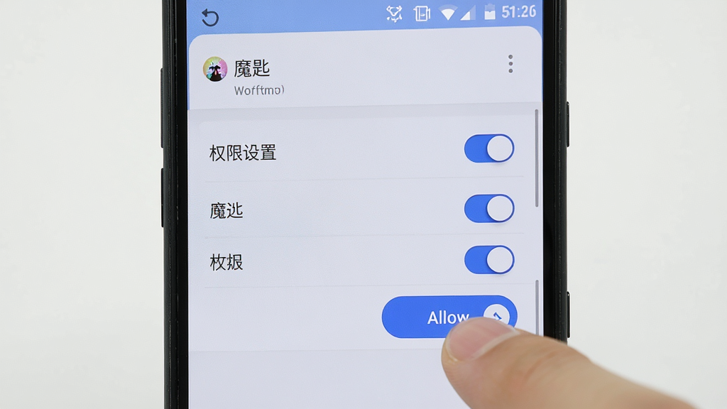 画面展示一部安卓手机屏幕显示“魔匙”权限设置页面,旁边有手指点击允许按钮的动作,布局为手机特写居中,风格为写实教程风格,细节包括权限列表、蓝色开关按钮、干净背景,画质高清,干净,无多余元素
