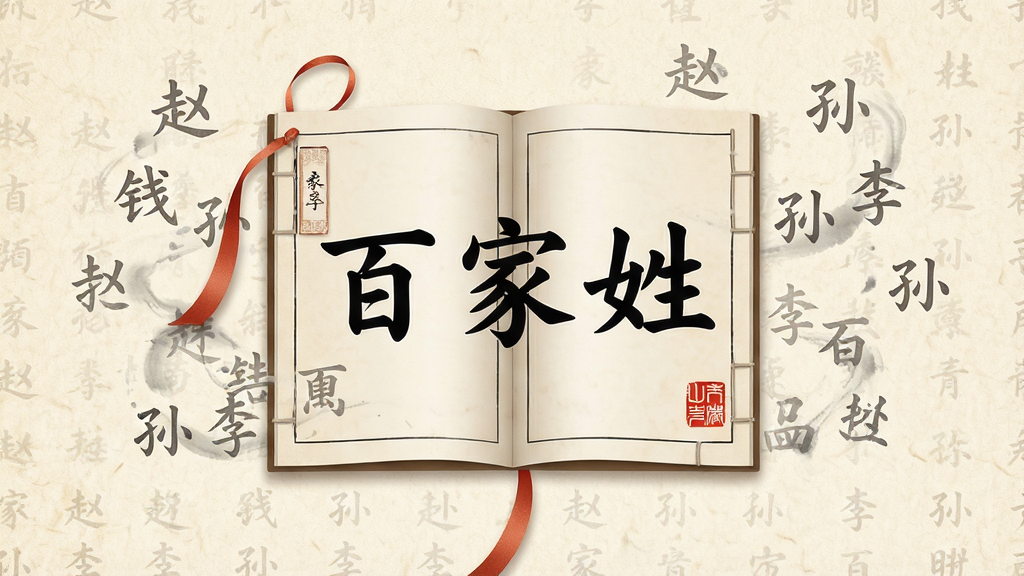 一张展示百家姓手机应用主界面的图片,画面中央是一本展开的中国古典线装书,书页上以毛笔楷体书写着“百家姓”三个大字,周围环绕着赵钱孙李等姓氏文字以淡墨色浮动,背景为米黄色宣纸纹理,布局采用居中对称式构图,风格为中国传统文化国风,细节包括书签丝带和朱红印章点缀,画质高清,画面干净,无多余元素。
