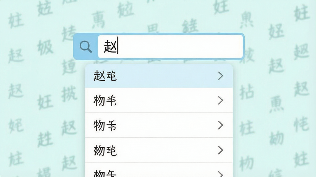一张展示百家姓软件搜索功能的界面图,画面中央为搜索框,搜索框内显示“赵”字,下方弹出匹配的姓氏列表,布局采用上下结构,风格为清新浅色系,细节包括搜索框的放大镜图标和列表项的箭头标识,画质高清,画面干净,无多余元素。