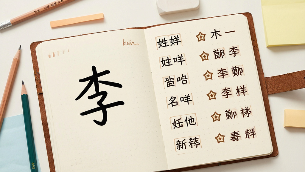 一幅百家姓软件起名参考页面的生图,画面主体为一本翻开的笔记本,左侧页面写着姓氏“李”,右侧页面列出多个名字选项并配有五行图标,布局采用左右分栏式构图,风格为温馨手账风,细节包括铅笔、橡皮和便签纸等文具元素,画质清晰,画面干净,无多余元素。