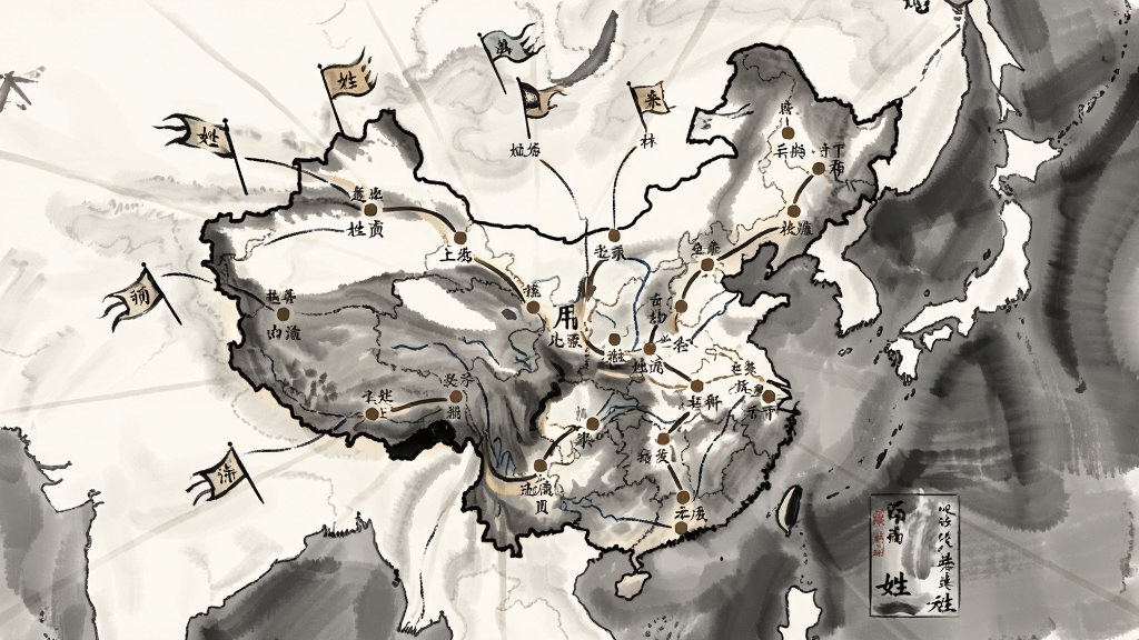 一张描绘百家姓文化典故板块的插画,画面中央为一幅古代中国地图,地图上标注着多个姓氏的迁徙路线,布局采用中心辐射式构图,风格为古典水墨风,细节包括路线上的小旗帜和地名标注,画质高清,画面干净,无多余元素。