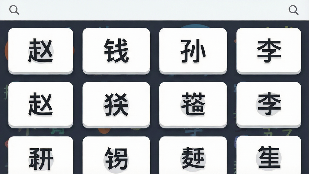 一幅展现百家姓软件姓氏列表界面的插画,画面主体为整齐排列的姓氏卡片,卡片上分别写着“赵”“钱”“孙”“李”等字样,布局采用网格状排列,风格为现代扁平化设计,细节包括每张卡片边缘的柔和阴影和顶部的搜索图标,画质清晰,画面干净,无多余元素。