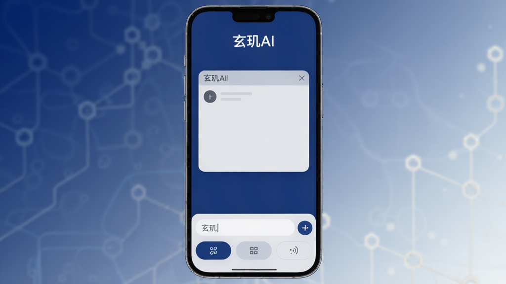 玄玑AI软件主界面展示,手机屏幕中央显示智能对话窗口,界面采用深蓝与浅灰配色,顶部有“玄玑AI”文字标识,底部输入框和功能按钮排列整齐,背景为简洁的渐变色调,整体风格现代科技感,画质清晰,干净无多余元素