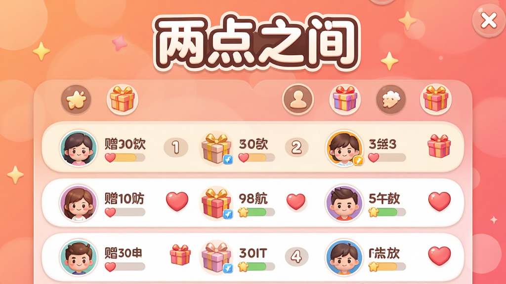一张以社交互动为主题的两点之间游戏画面,画面中显示好友排行榜界面,多个头像和昵称排列在榜单上,每个头像旁边有分数和排名数字,画面中有礼物盒和爱心图标表示可以赠送体力,背景是温暖的橙粉色渐变,整体风格活泼可爱,圆润的UI元素设计,