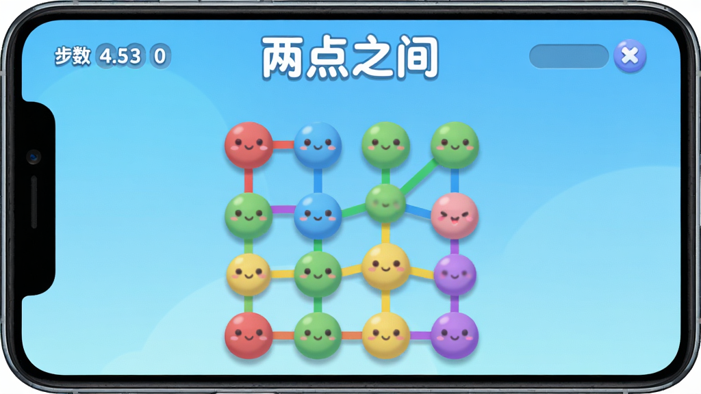 一张以清新蓝色渐变为主色调的手机游戏画面,画面中央是圆润可爱的彩色圆点排列成网格状,红色、蓝色、绿色、黄色、紫色圆点错落分布,几条彩色连线将相同颜色的圆点连接在一起,画面顶部显示步数和分数,整体风格简洁明快,扁平化设计,柔和阴影,干净无多余元素,高清画质,手机竖屏游戏界面展示,软件名称