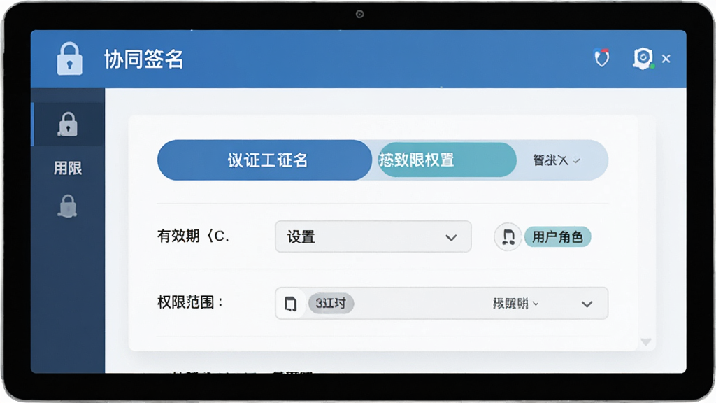画面以“协同签名”授权管理界面为核心,展示管理员向员工分配证书权限的操作场景,界面中包含授权按钮、有效期设置与权限范围选项,布局为上下结构,风格为现代商务扁平风,细节包括锁形图标与用户角色标签,画质清晰干净,无多余元素