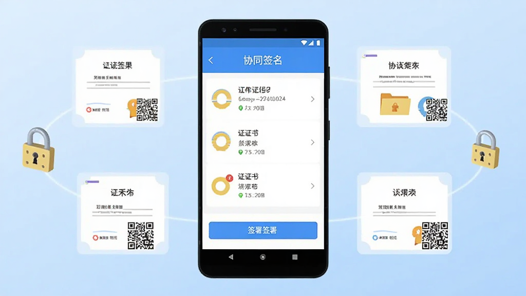 画面中央展示一部安卓手机,手机屏幕中显示“协同签名”应用界面,界面包含证书列表与签署按钮,手机周围环绕数字证书图标与安全锁图标,背景为浅蓝色渐变,布局简洁对称,风格为扁平化科技插画,细节包括证书编号与二维码元素,画质清晰干净,无多余元素