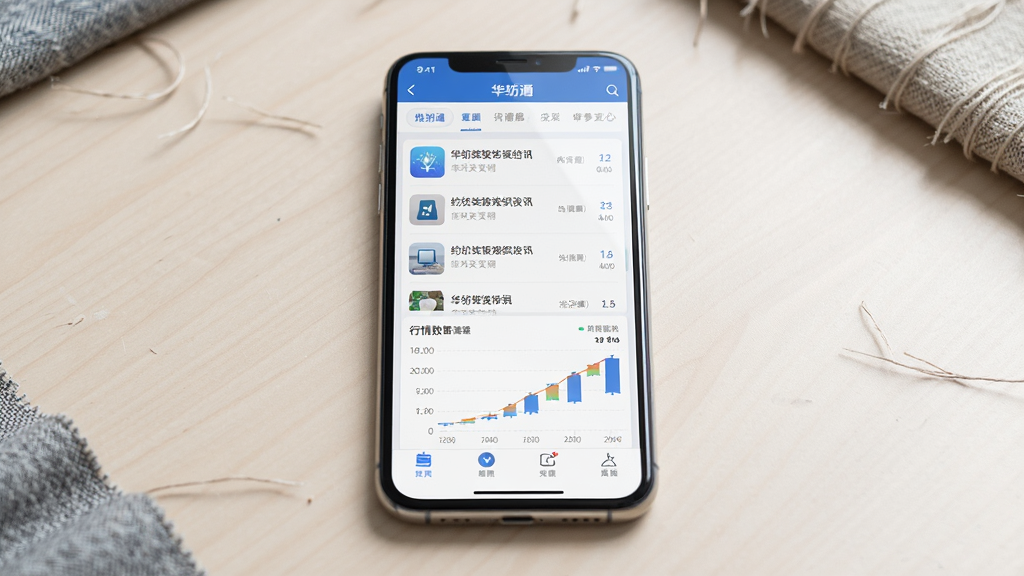 主体为一部智能手机,屏幕中显示华纺通软件界面,界面中包含纺织资讯列表与行情数据图表,布局为手机居中放置于浅色桌面背景上,排版简洁清晰,风格为现代商务科技风,细节包括屏幕反光、界面图标清晰可见、背景中有少量纺织布料纹理元素,画质为高清4K、干净、无多余元素。