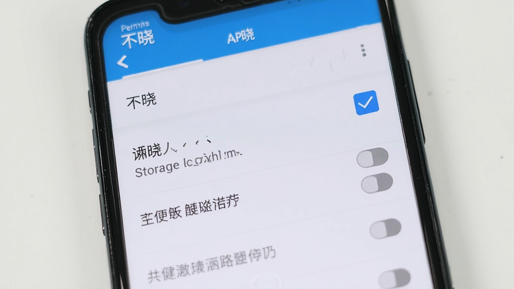 一部安卓手机屏幕显示“不晓”App的权限设置页面,存储权限被勾选,其他敏感权限为灰色未开启状态,界面干净,背景为浅色,风格简洁清晰,画面无多余元素,高清画质,适合作为操作说明配图