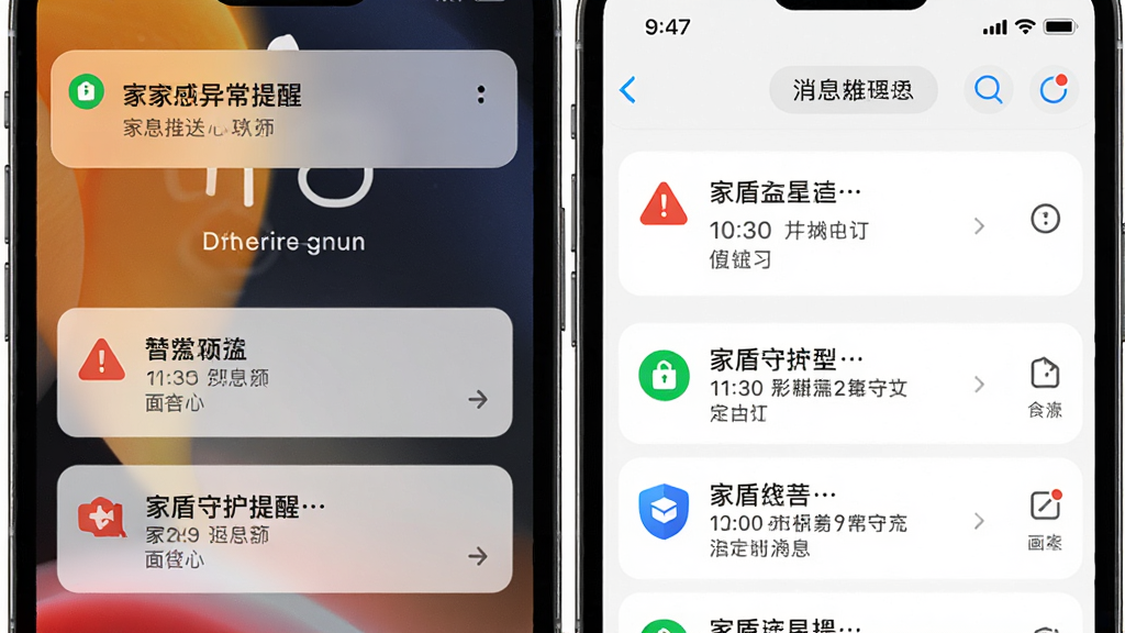 家盾守护异常提醒与消息推送界面图,画面展示手机锁屏通知与应用内消息列表,通知卡片包含警示图标与简短文字,布局上下排列,风格醒目但不刺眼,细节包含时间与设备名称,画质高清,干净,无多余元素