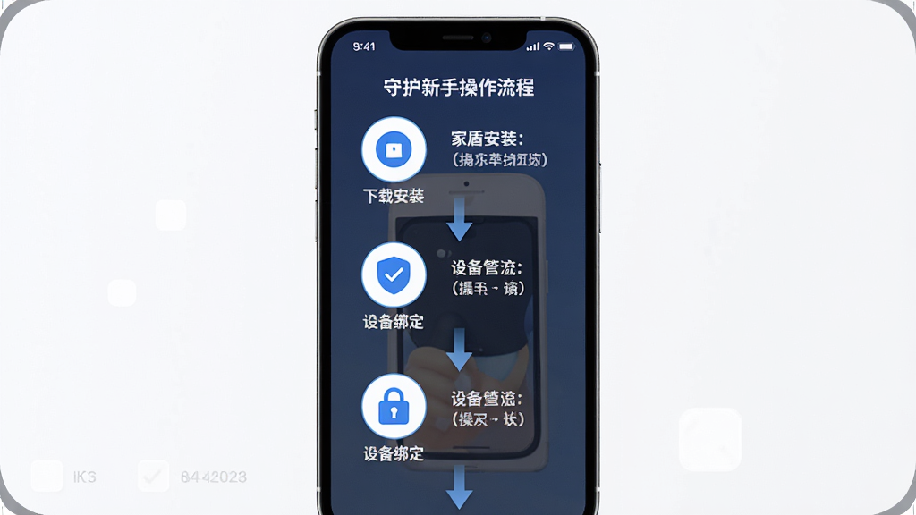 家盾守护新手操作流程图,画面以手机屏幕为背景,展示从下载安装到设备绑定的分步图标与箭头指引,布局纵向流程式,风格简洁明快,细节包含勾选框与提示文字,画质高清,干净,无多余元素