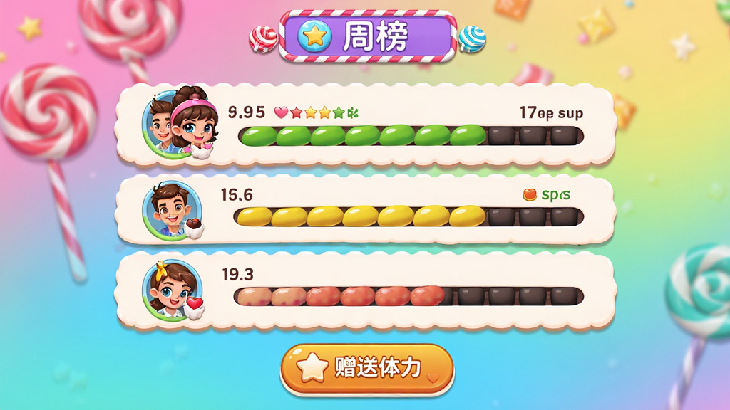 甜点消消社交排行榜界面,画面中显示好友头像与关卡进度排名,顶部有周榜标识,底部有赠送体力按钮,背景为糖果色渐变,布局简洁明了,风格活泼可爱,细节丰富,画质高清,无多余元素。