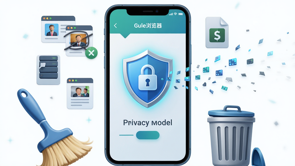 一张表现Gule浏览器隐私保护的AI生图,画面中央是一部手机,屏幕显示隐私模式开启界面,有盾牌图标和锁形标志,周围环绕着被清除的历史记录图标、缓存文件图标,布局为手机居中,左右两侧有清洁刷和垃圾桶元素,风格为安全科技插画,细节包括蓝色盾牌高亮、数据碎片消散效果,画质高清,干净,无多余元素,图中文字“Gule浏览器”