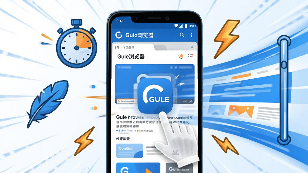 一张表现Gule浏览器极速启动的AI生图,画面主体是一部安卓手机,手机屏幕显示Gule浏览器图标被点击后瞬间展开网页界面,周围有速度线、秒表、闪电符号强调快速,布局为手机居中,左侧有轻量羽毛图标,右侧有流畅的网页滚动条,风格为动感科技插画,细节包括屏幕内网页内容清晰,色彩以蓝、白、橙点缀,画质高清,干净,无多余元素,图中文字“Gule浏览器”