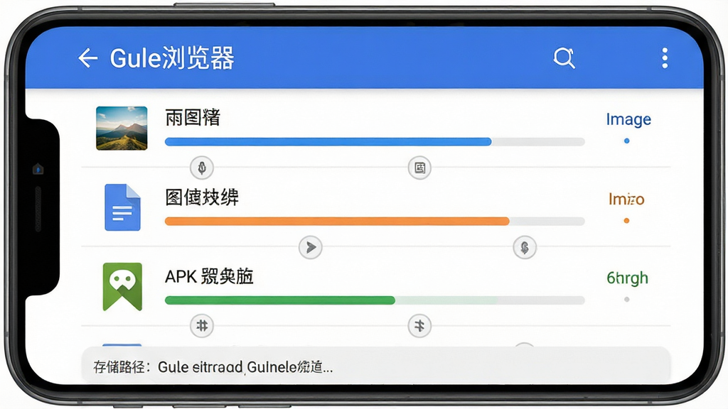 一张展示Gule浏览器下载管理功能的AI生图,画面为手机屏幕显示下载列表界面,有多个文件下载进度条,文件类型包括图片、文档、APK安装包,布局为列表式排列,顶部有下载管理标题,底部有存储路径提示,风格为扁平化工具类UI,细节包括进度条颜色区分、文件图标清晰,画质高清,干净,无多余元素,图中文字“Gule浏览器”