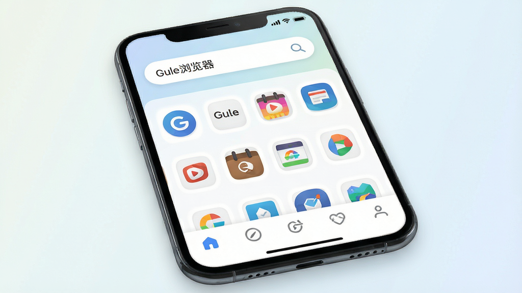 一张展示Gule浏览器清爽界面的AI生图,画面为手机屏幕特写,屏幕内显示Gule浏览器首页,顶部是圆角搜索框,中间是简洁的网站图标网格,底部是导航栏,界面无广告横幅,背景为浅色渐变,布局干净留白充足,风格为极简UI设计展示,细节包括图标圆润、字体清晰,画质高清,干净,无多余元素,图中文字“Gule浏览器”