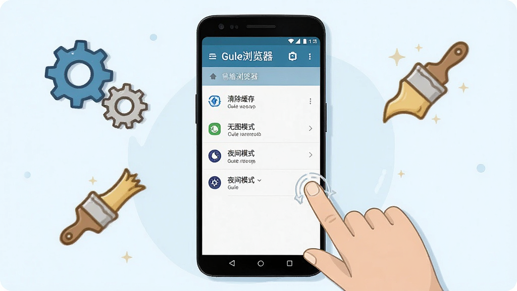 一张展示Gule浏览器移动端使用技巧的AI生图,画面为一部安卓手机,屏幕显示浏览器设置菜单,有清除缓存、无图模式、夜间模式等选项,手机旁边有手指点击屏幕的动作,布局为手机居中,周围有齿轮、刷子、月亮图标,风格为教程类插画,细节包括菜单文字清晰、图标简洁,画质高清,干净,无多余元素,图中文字“Gule浏览器”