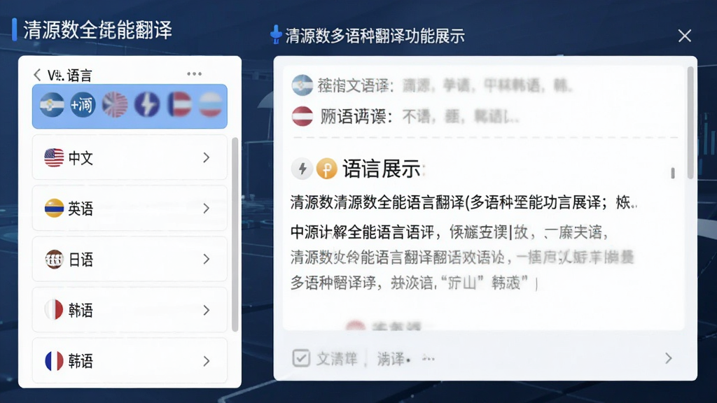 清源数全能语言翻译的多语种翻译功能展示图,画面左侧是语言选择列表,显示中文、英语、日语、韩语等多种语言选项,右侧是翻译结果展示区域,整体布局清晰,风格简洁商务,细节精致,画质干净,无多余元素