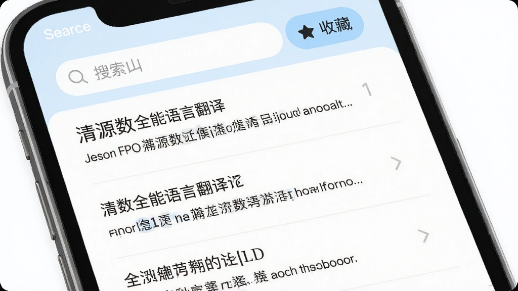 清源数全能语言翻译的历史记录页面展示图,画面中手机屏幕上显示翻译历史列表,每条记录包含原文和译文,顶部有搜索框和收藏筛选按钮,界面整洁,风格清新浅色,细节清晰,画质干净,无多余元素