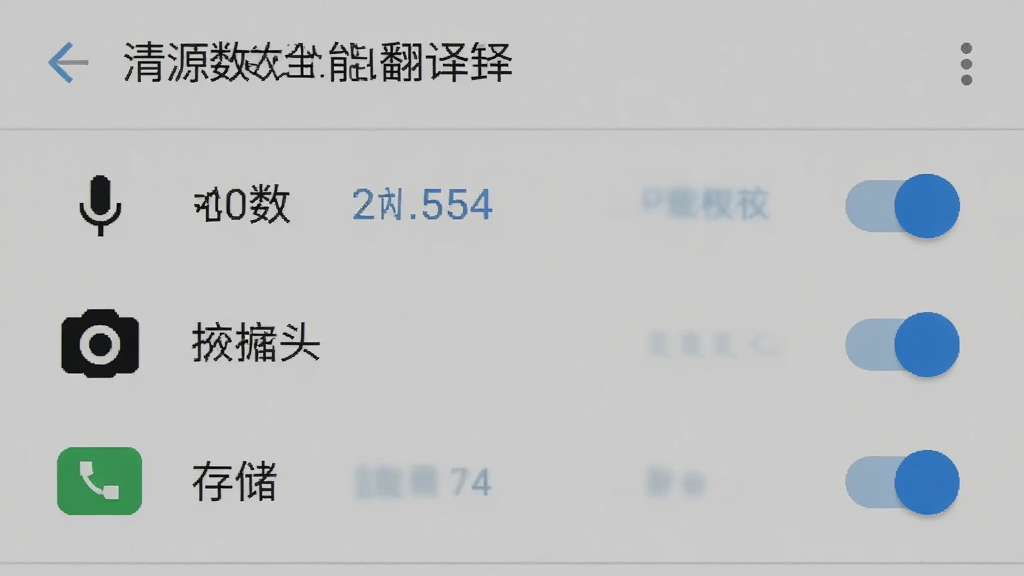 清源数全能语言翻译在手机上的安装权限设置界面截图,画面显示安卓系统的权限管理页面,包含麦克风、摄像头、存储三项权限开关,界面风格简洁,标注清晰,画质干净,无多余元素